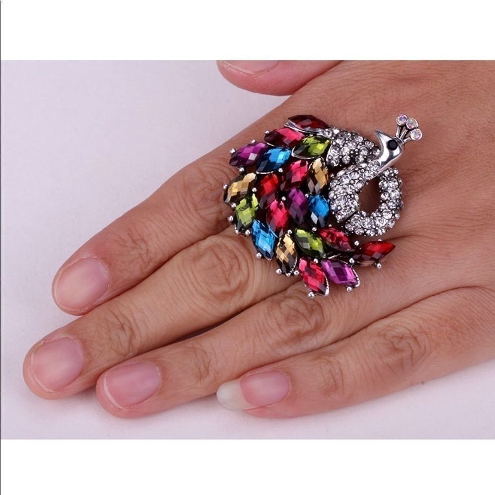 Antique Silver and Multicolor Crystal Peacock Stretch Statement Ring - Picture 2 of 5